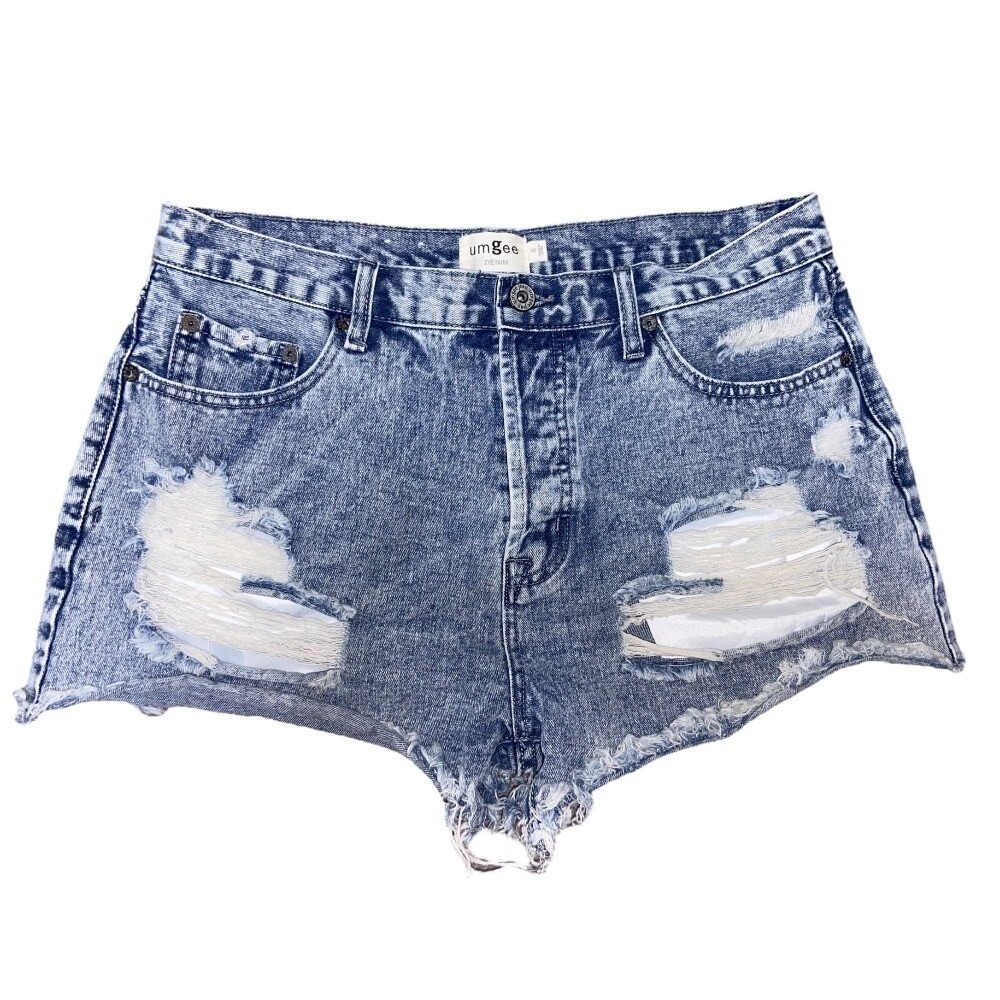 Umgee Denim Shorts‎ Distressed Ripped Raw Hem Acid Wash Blue Jean Juniors Size 5